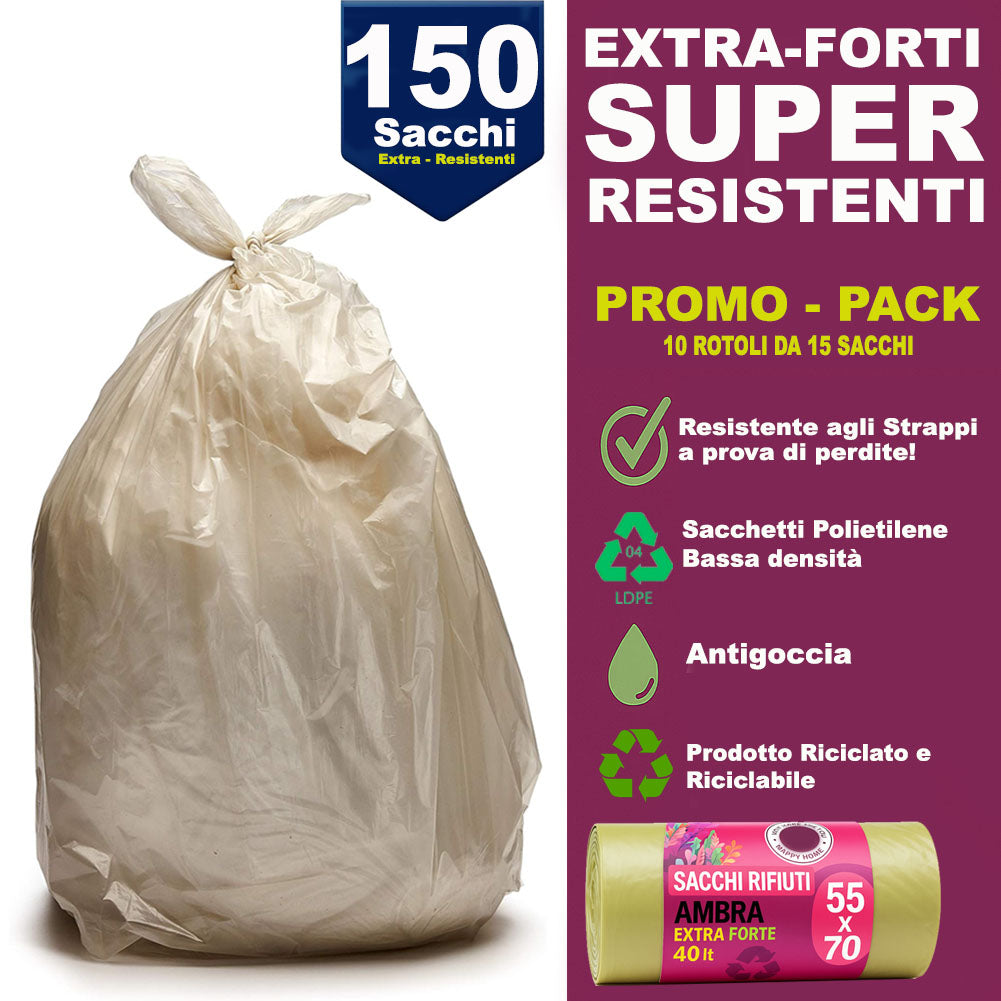 150 x Sacchetti per spazzatura Ambra Trasparenti Grandi e Resistenti