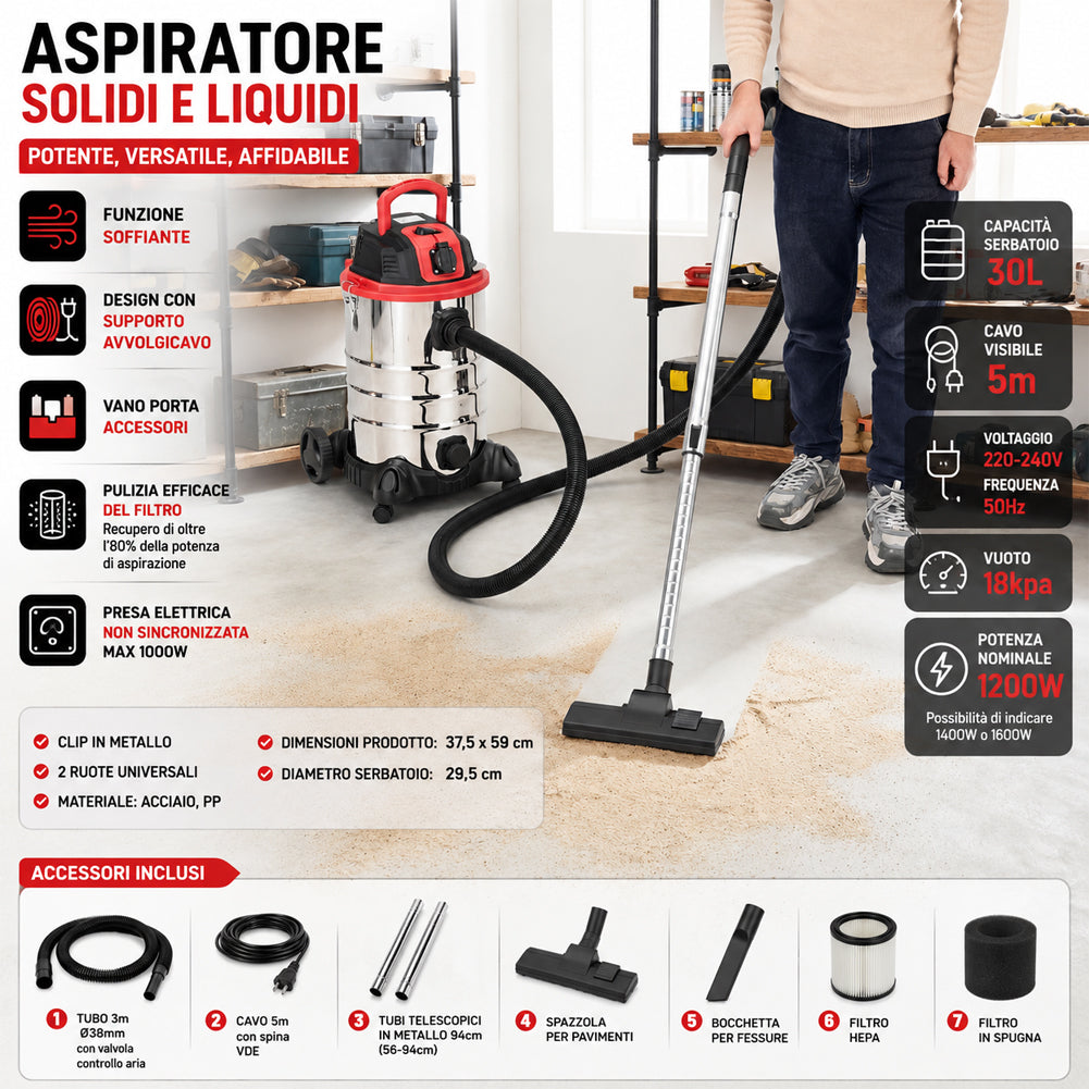 Aspiratore Solidi e Liquidi da 30 L 1200 W Acciaio con Filtro HEPA e S Esplodia Aspiratore Solidi e Liquidi da 30 L 1200 W Acciaio con Filtro HEPA e S Esplodia