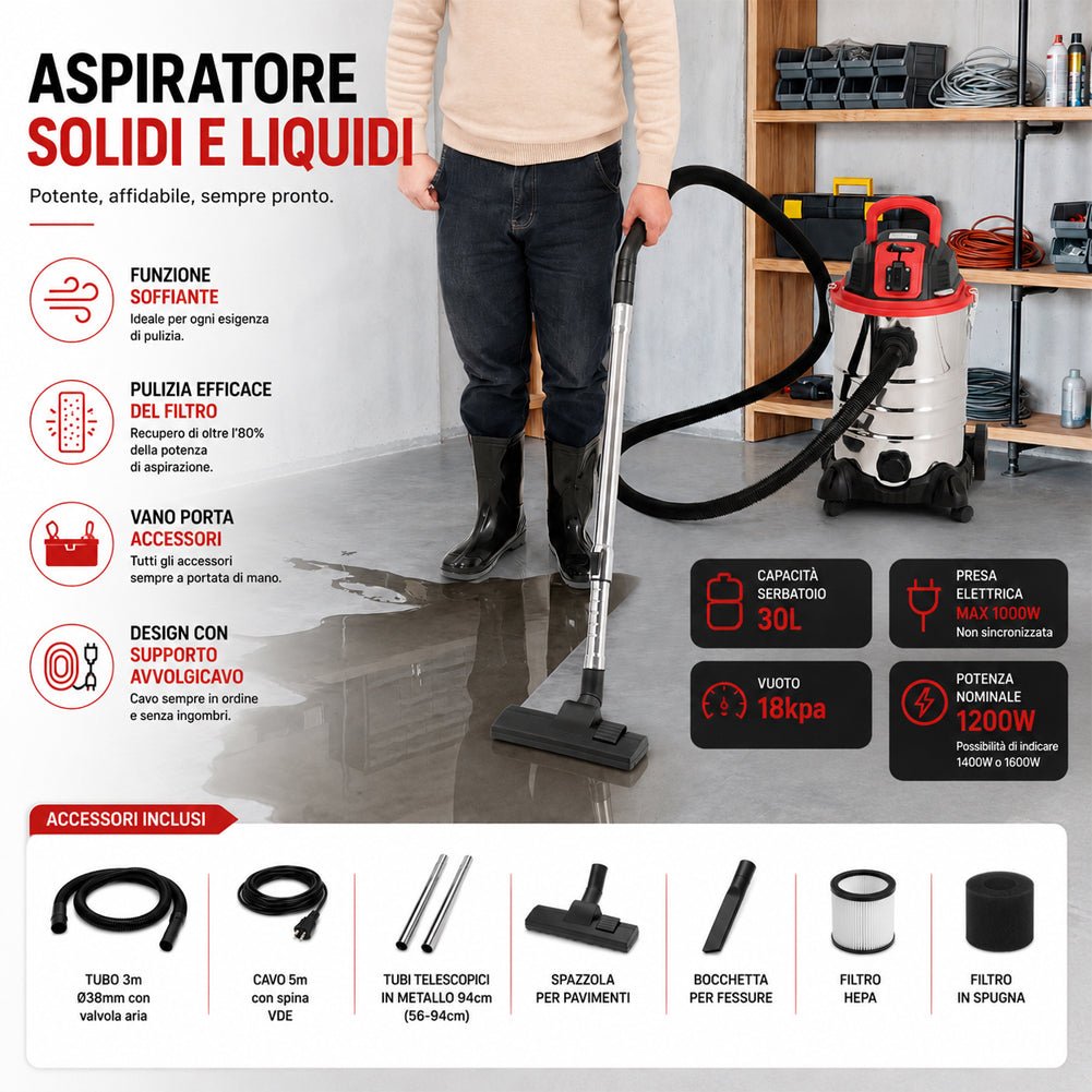 Aspiratore Solidi e Liquidi da 30 L 1200 W Acciaio con Filtro HEPA e S Esplodia Aspiratore Solidi e Liquidi da 30 L 1200 W Acciaio con Filtro HEPA e S Esplodia