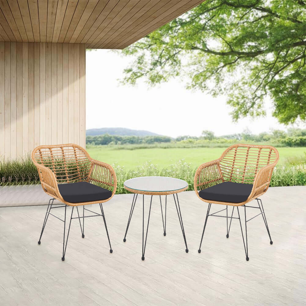 Set Arredo Giardino in Rattan con Tavolino Ripiano in Vetro e Sedie