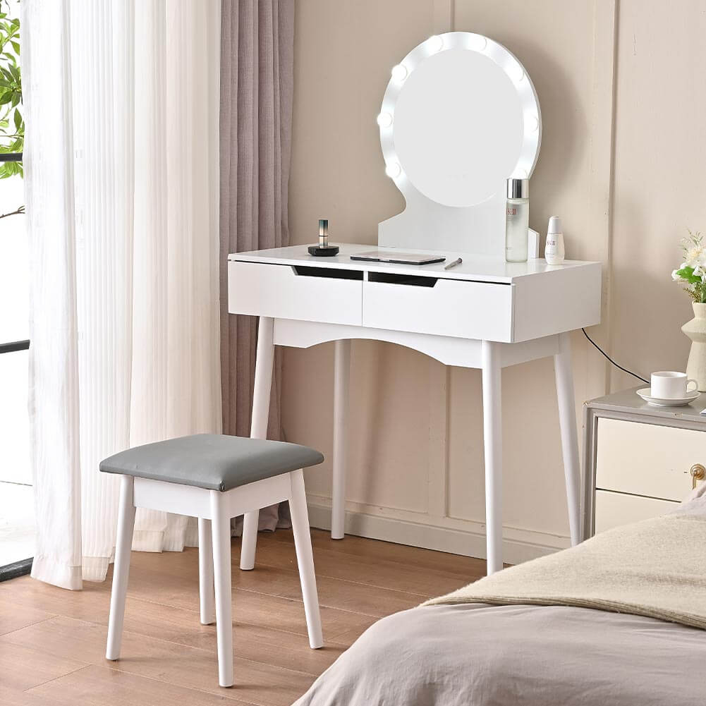 Toeletta Trucco BEWISHOME Con Specchio LED | 3 Luci Regolabili, Sgabello E Ripiani | Moderna In Bianco | Per Camera Da Letto - Foto 3