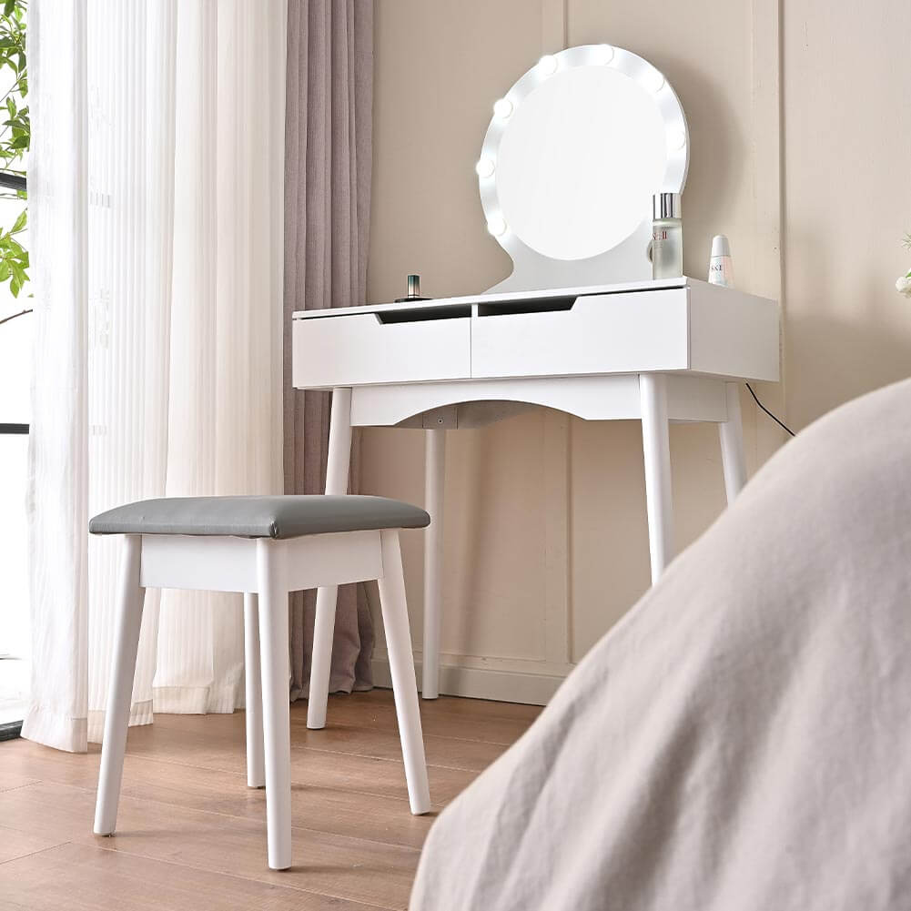 Toeletta Con Specchio E Luci LED - Comò Trucco Con 12 Lampade Dimmerabili, Sgabello Incluso | Bianco, 80x40x140 Cm - Foto 7