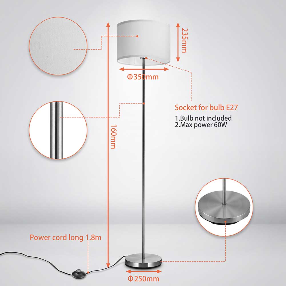 BAKAJI Lampada Piantana da Terra Luce Lampadina E27 Max 60W Base Rotonda in Metallo Cromato Paralume in Tessuto Design Moderno Accensione a Pedale Altezza 150cm (Grigio BAKAJI Lampada Piantana da Terra Luce Lampadina E27 Max 60W Base Rotonda in Metallo Cromato Paralume in Tessuto Design Moderno Accensione a Pedale Altezza 150cm (Grigio