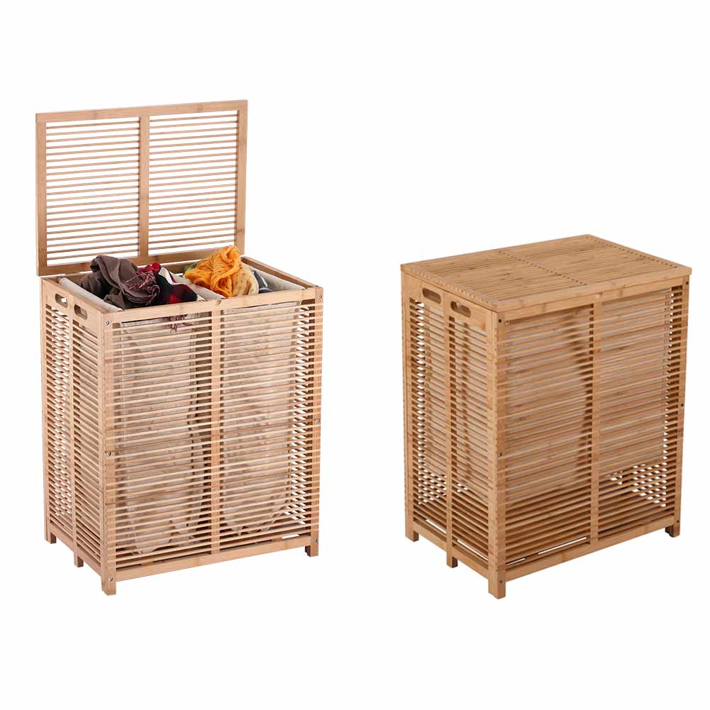 Cesto portabiancheria in bambù bianco pieghevole con 2 scomparti per riporre oggetti, coperchio con manico in canapa 52 x 32 H.63 Cesto portabiancheria in bambù bianco pieghevole con 2 scomparti per riporre oggetti, coperchio con manico in canapa 52 x 32 H.63