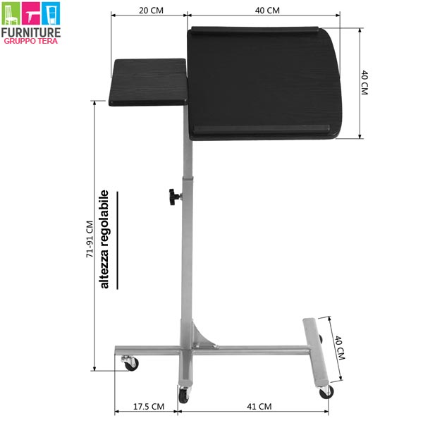 Scrivania Per Laptop Regolabile In Altezza 75-115 Cm Con Ruote E Piano Inclinabile - 80x40 Cm, Bianco/nero