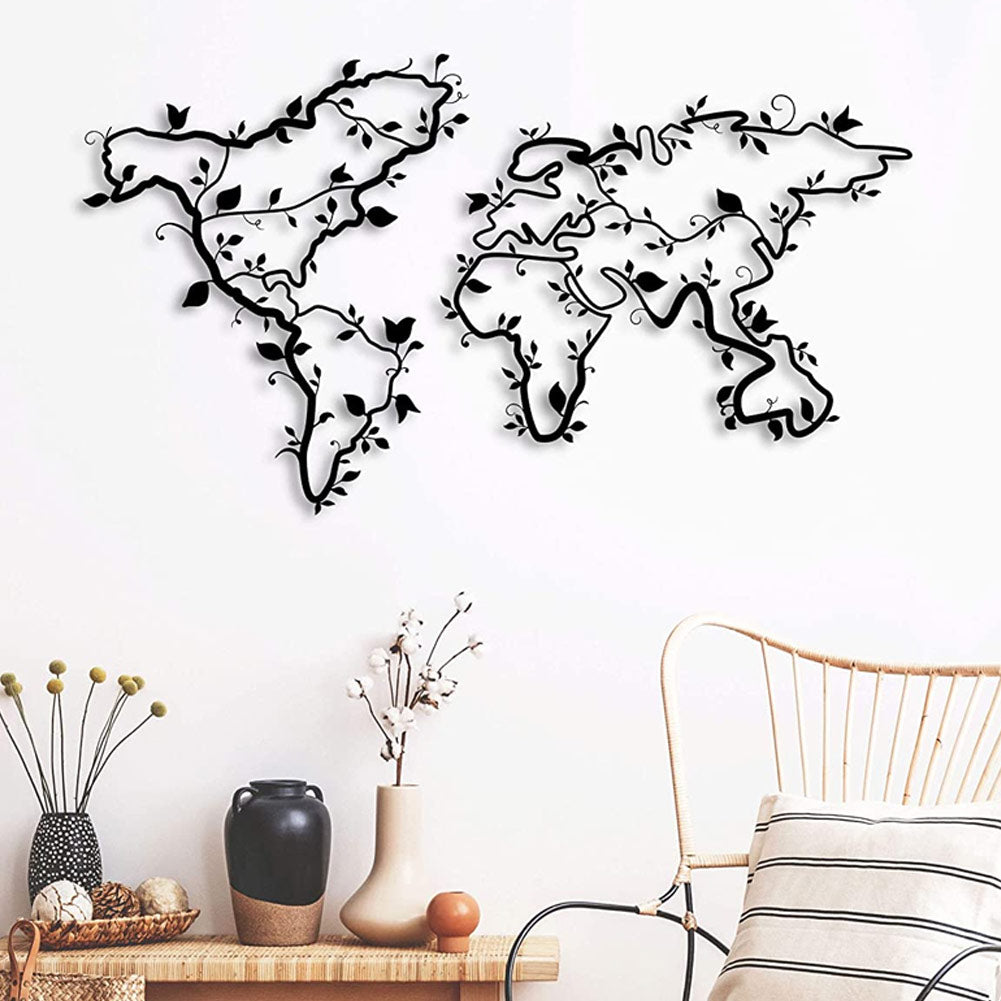 Decorazione Artistica Mappa del Mondo in Metallo Nero da Parete 110 x