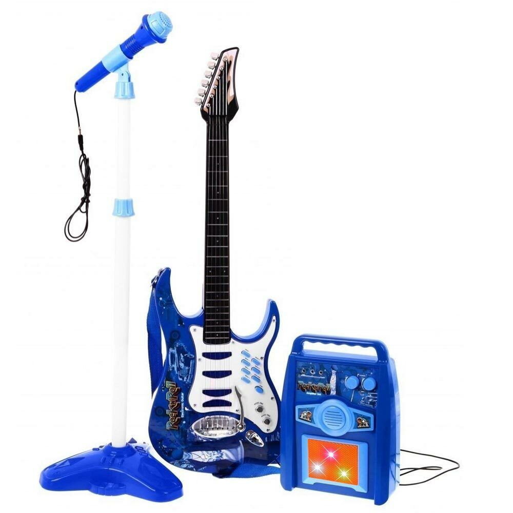 Set per bambini chitarra elettrica/amplificatore/microfono con stand blu