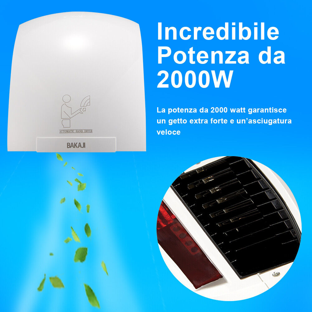Asciugamani Elettrico Ad Aria Calda SQUADO - Con Fotocellula Automatica, Da Parete, 1800W - Foto 7