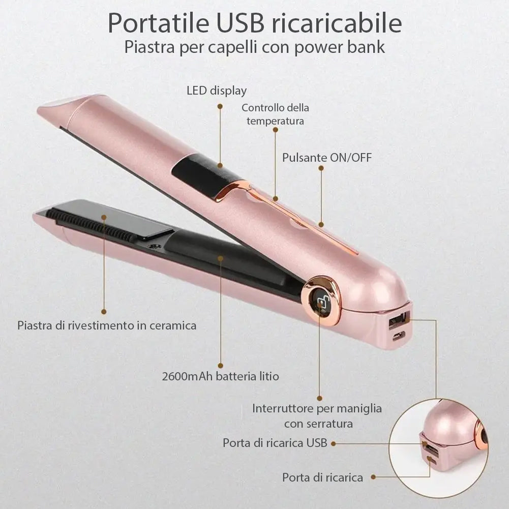 Piastra per Capelli Senza Fili Portatile Rosa Ricaricabile USB