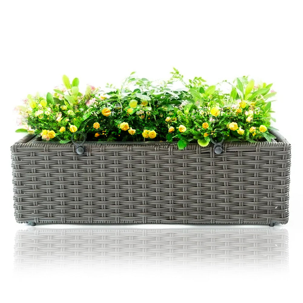 Tymar Fioriera con sottovaso, 2 pezzi, in rattan, da balcone, in plastica, giardino, balcone, terrazza (2 confezioni), marrone, 80 cm Tymar Fioriera con sottovaso, 2 pezzi, in rattan, da balcone, in plastica, giardino, balcone, terrazza (2 confezioni), marrone, 80 cm